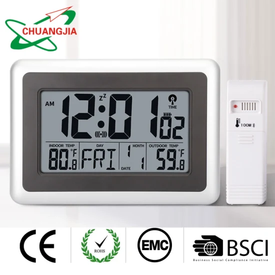 Reloj digital de pared controlado por radio con configuración de zona horaria de temperatura interior y exterior