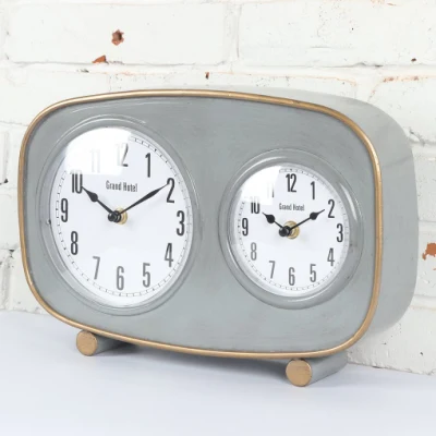 Reloj de mesa decorativo de Color dorado con 2 zonas horarias diferentes, reloj de Metal gris